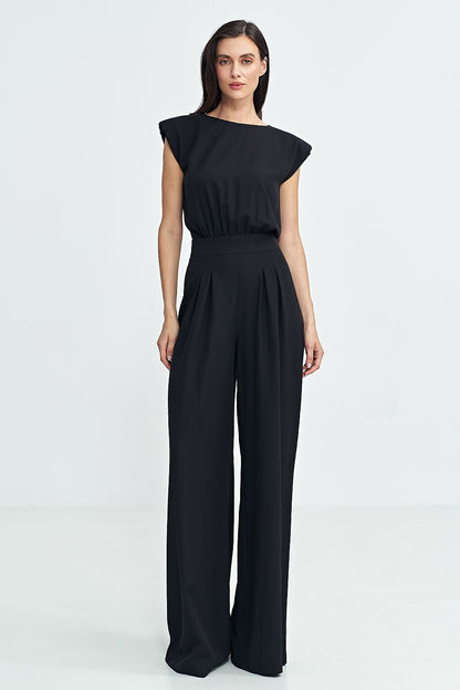 Elegant Boat Neck Jumpsuit with Shoulder Pads & Palazzo Pants - Ludowika 