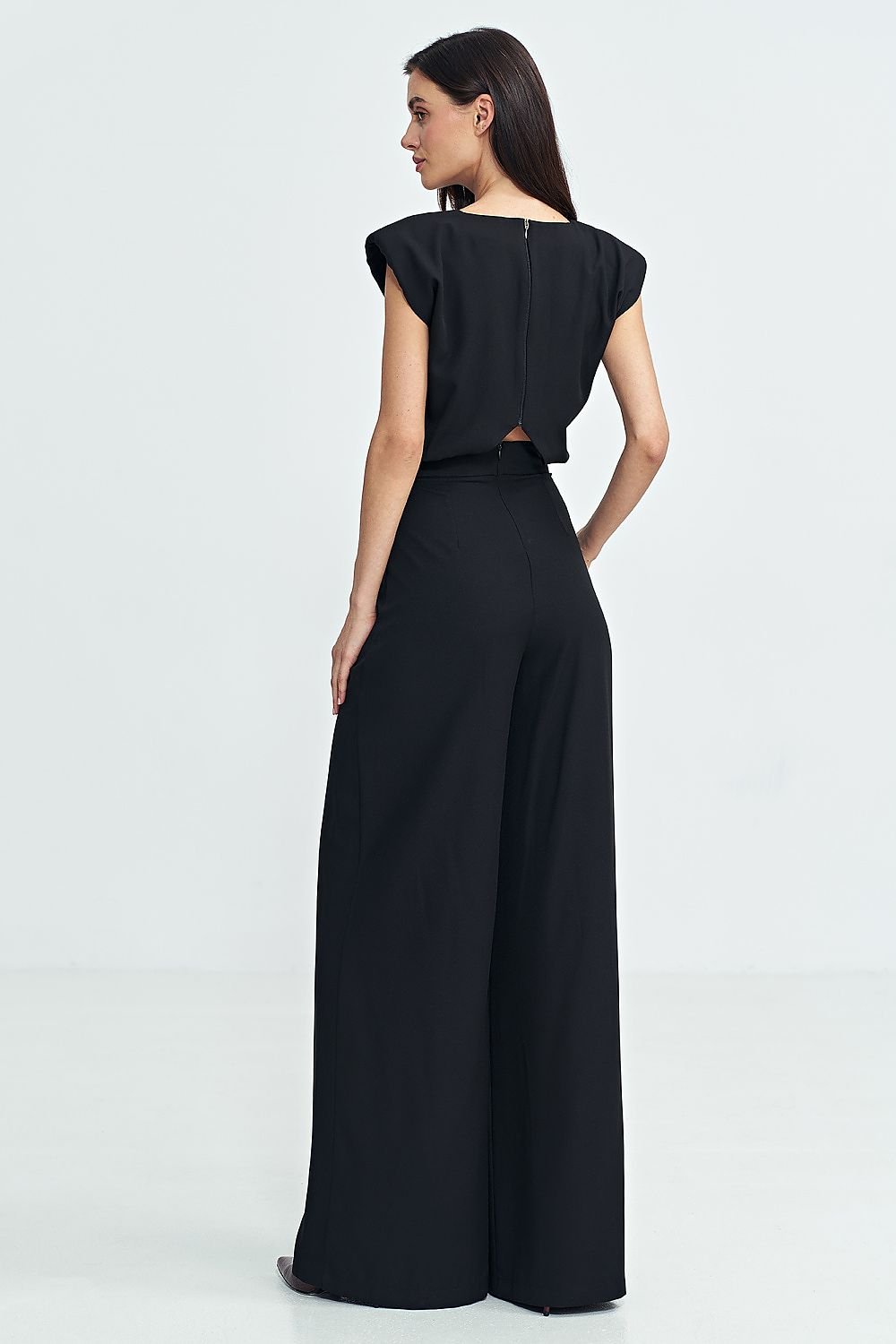 Elegant Boat Neck Jumpsuit with Shoulder Pads & Palazzo Pants - Ludowika 