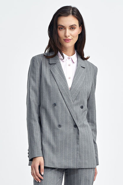 Women’s Oversized Blazer with Classic Collar, Double-Breasted Button Closure, and Shoulder Pads