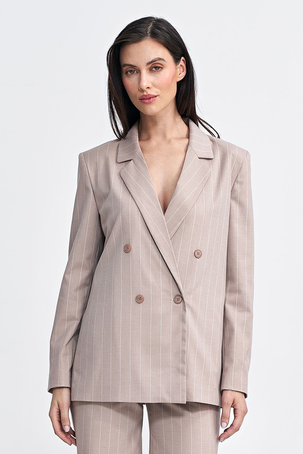 Women’s Oversized Blazer with Classic Collar, Double-Breasted Button Closure, and Shoulder Pads