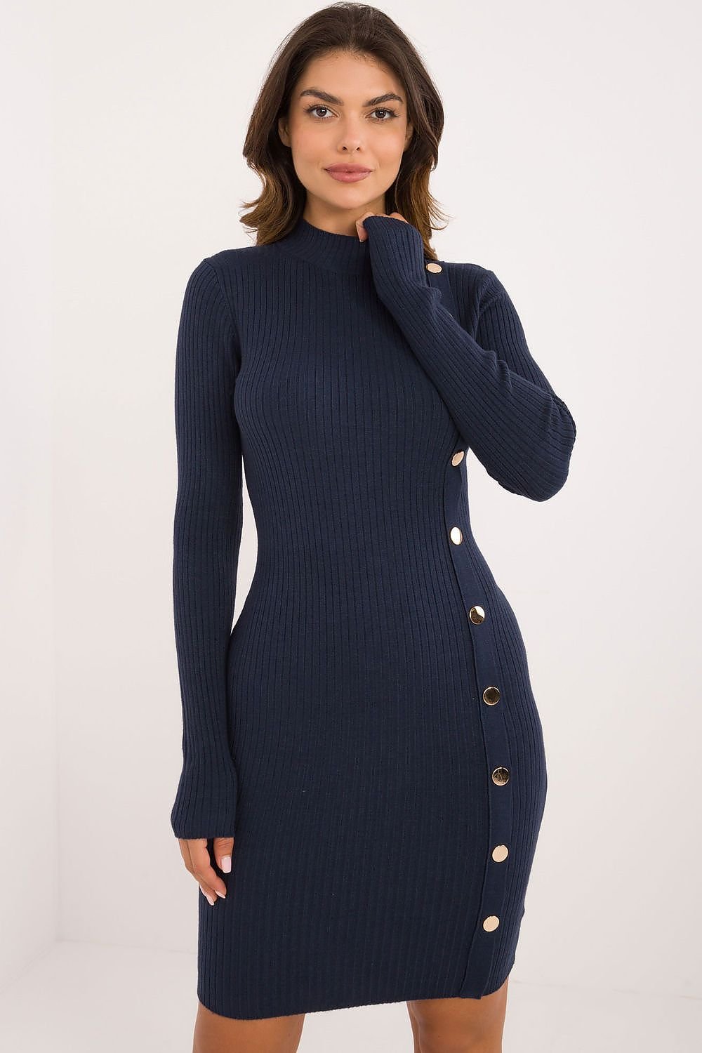 Ribbed Knit Pencil Dress with Half Turtleneck and Decorative Buttons