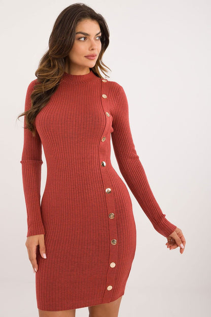 Ribbed Knit Pencil Dress with Half Turtleneck and Decorative Buttons