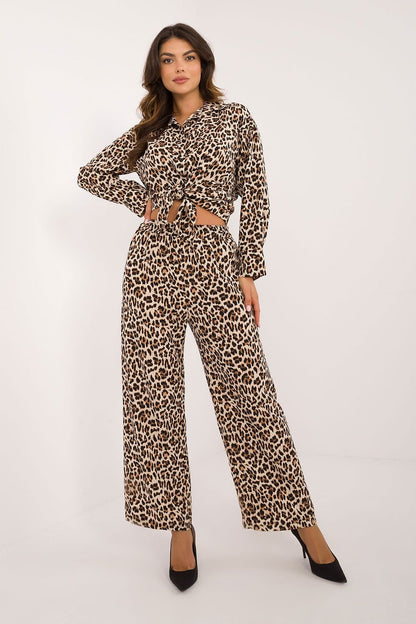 Women's Animal Motif Set with Button-Up Shirt and Wide-Leg Pants