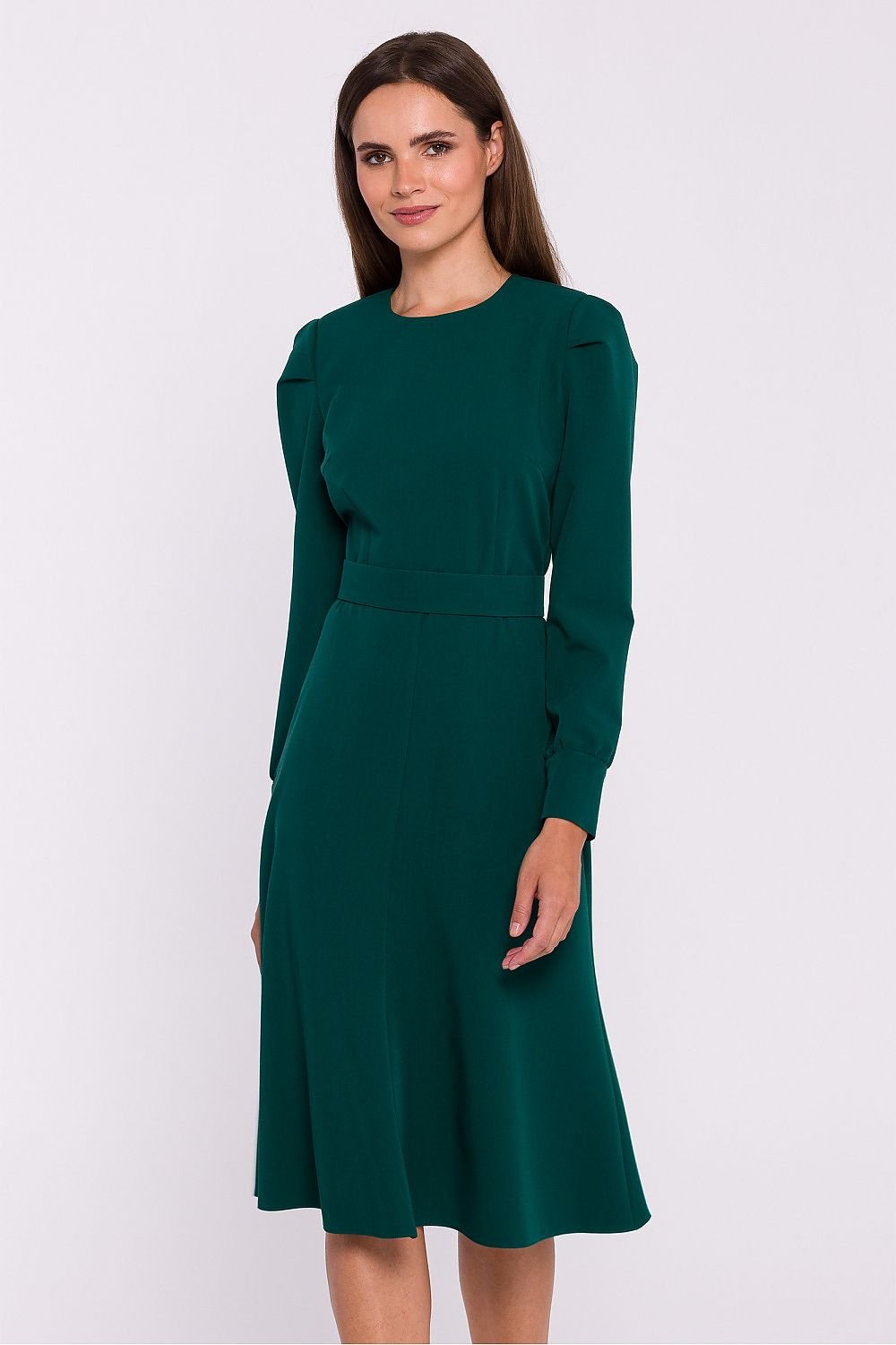 Elegant Flared Dress with Shoulder Buffets and Belted Waist