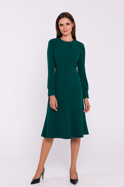 Elegant Flared Dress with Shoulder Buffets and Belted Waist