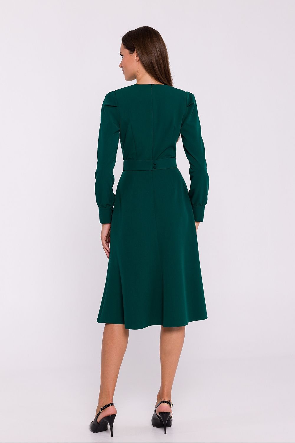 Elegant Flared Dress with Shoulder Buffets and Belted Waist