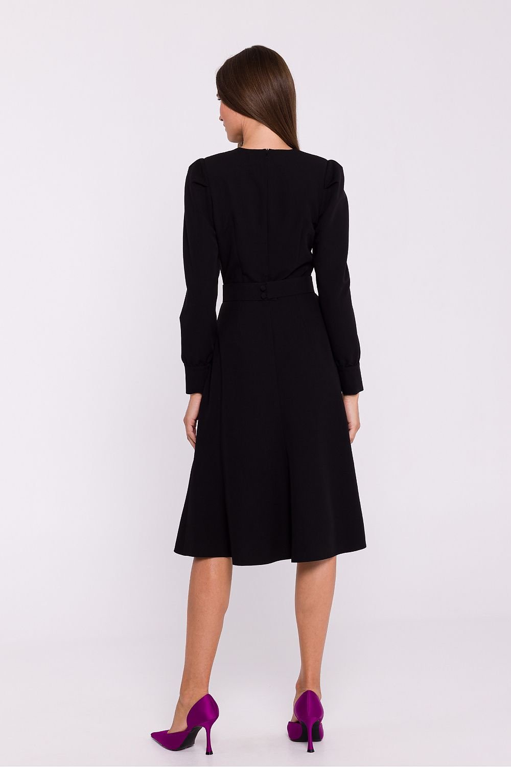 Elegant Flared Dress with Shoulder Buffets and Belted Waist