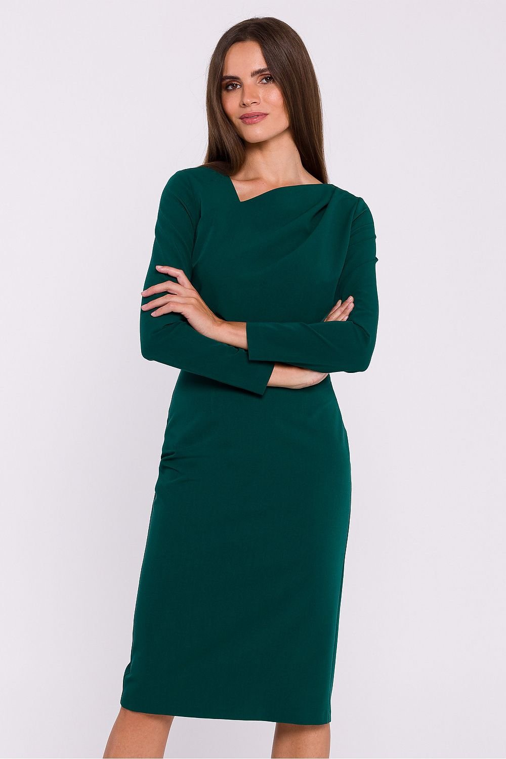 Pencil Cut Dress with Asymmetrical Neckline and Back Slit