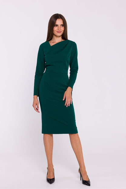 Pencil Cut Dress with Asymmetrical Neckline and Back Slit