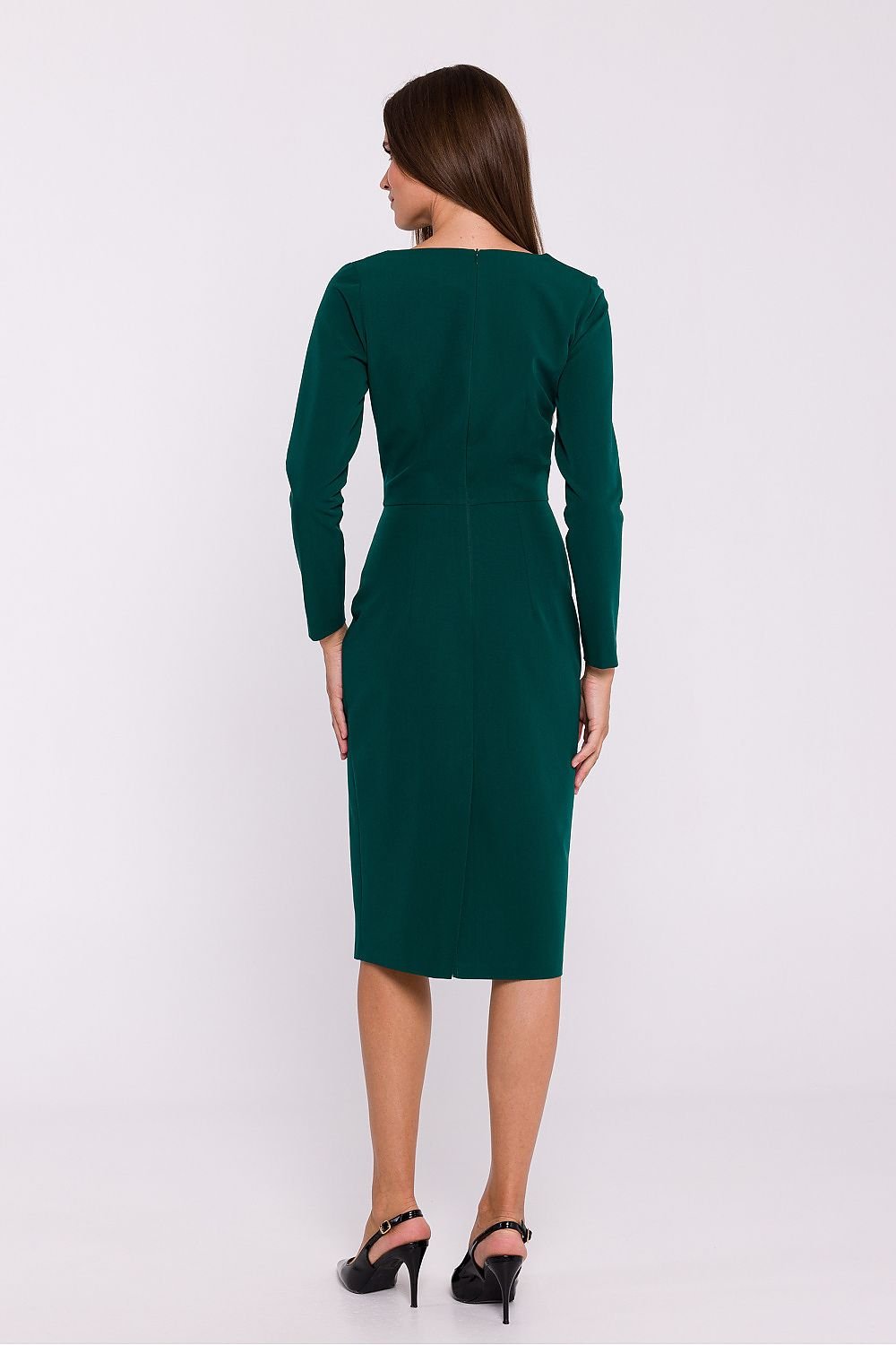 Pencil Cut Dress with Asymmetrical Neckline and Back Slit