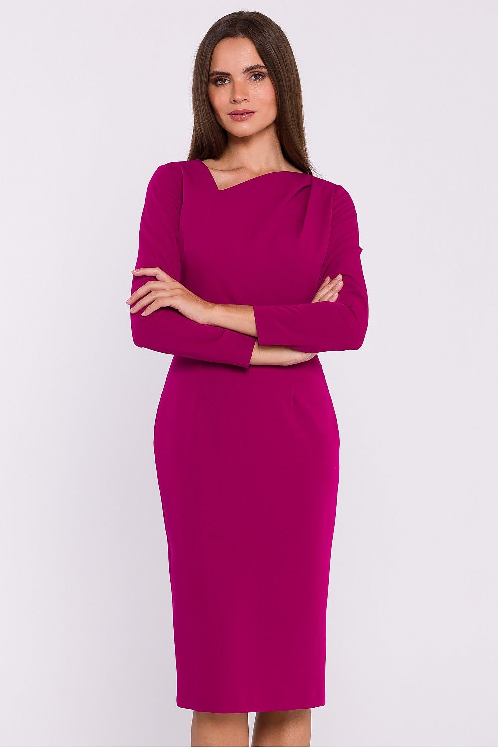 Pencil Cut Dress with Asymmetrical Neckline and Back Slit