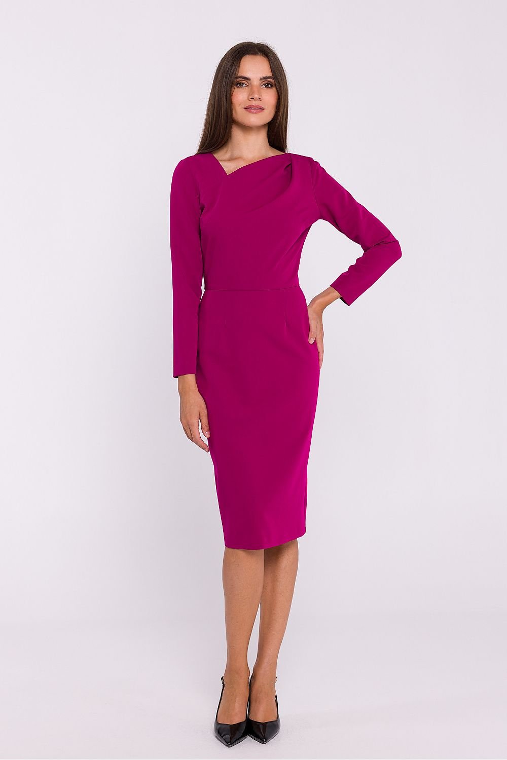 Pencil Cut Dress with Asymmetrical Neckline and Back Slit