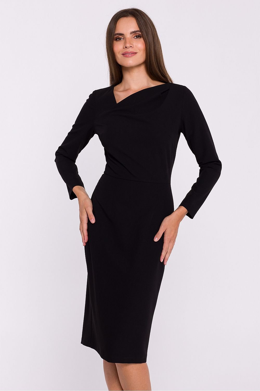 Pencil Cut Dress with Asymmetrical Neckline and Back Slit