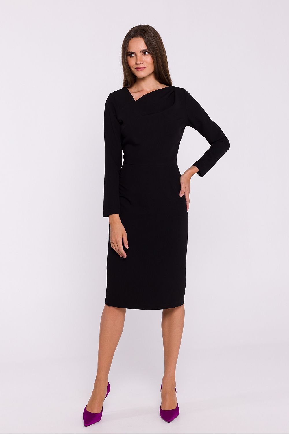 Pencil Cut Dress with Asymmetrical Neckline and Back Slit