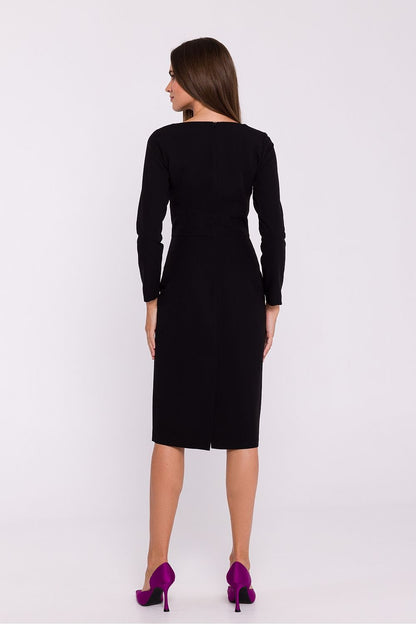 Pencil Cut Dress with Asymmetrical Neckline and Back Slit