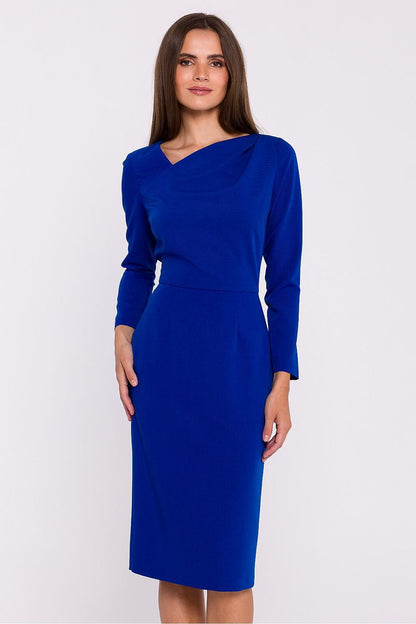 Pencil Cut Dress with Asymmetrical Neckline and Back Slit