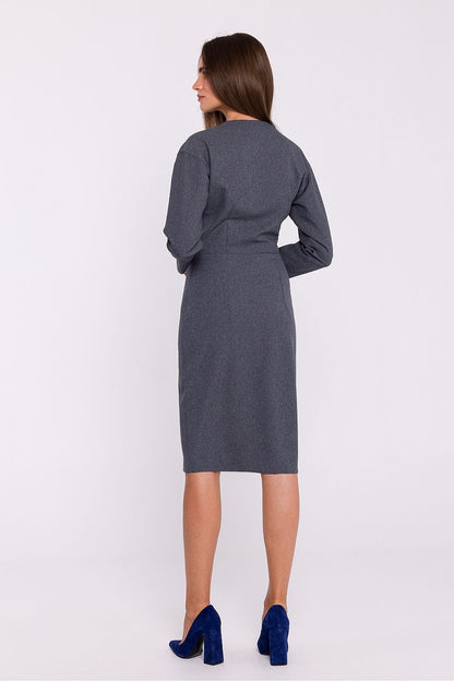 Pencil Cut Dress with Envelope Neckline and Decorative Waist Buttons