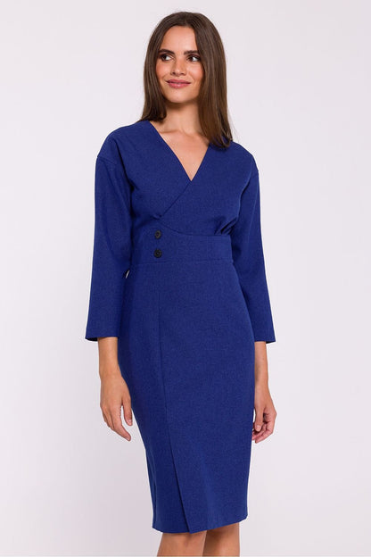 Pencil Cut Dress with Envelope Neckline and Decorative Waist Buttons