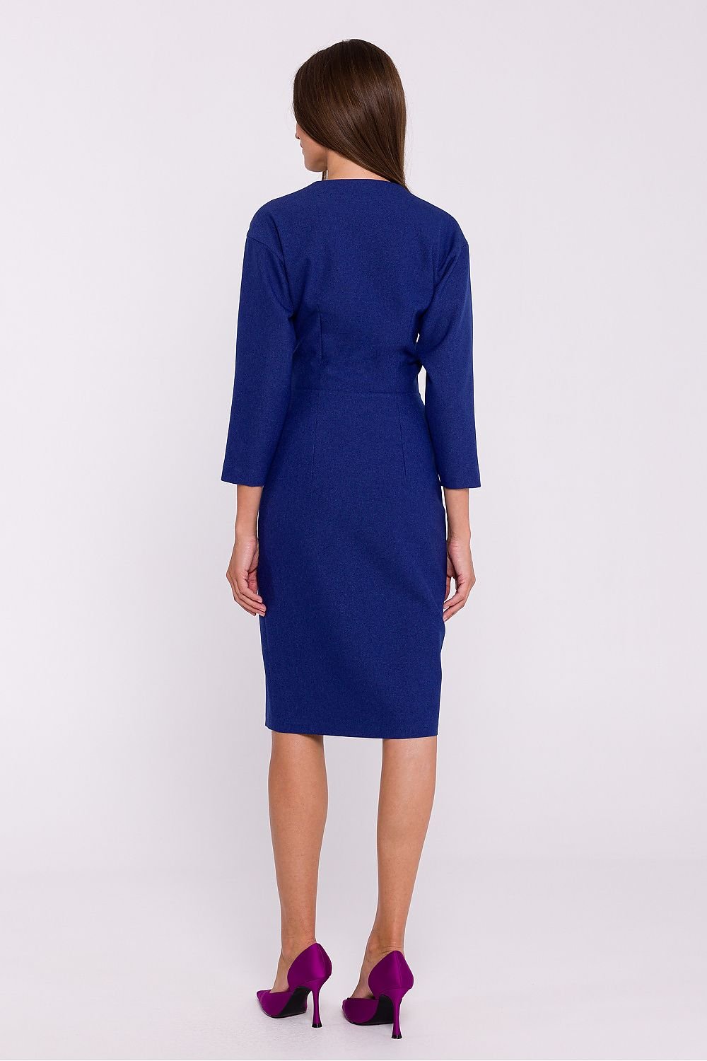 Pencil Cut Dress with Envelope Neckline and Decorative Waist Buttons