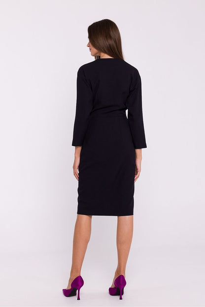 Pencil Cut Dress with Envelope Neckline and Decorative Waist Buttons