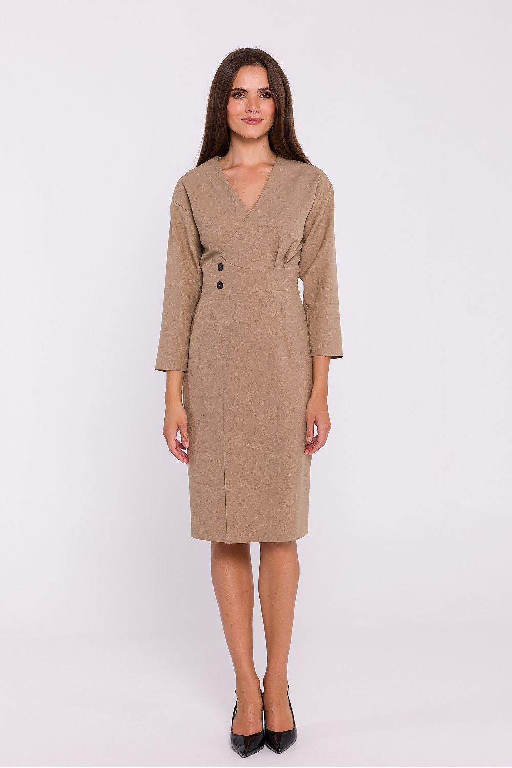 Pencil Cut Dress with Envelope Neckline and Decorative Waist Buttons