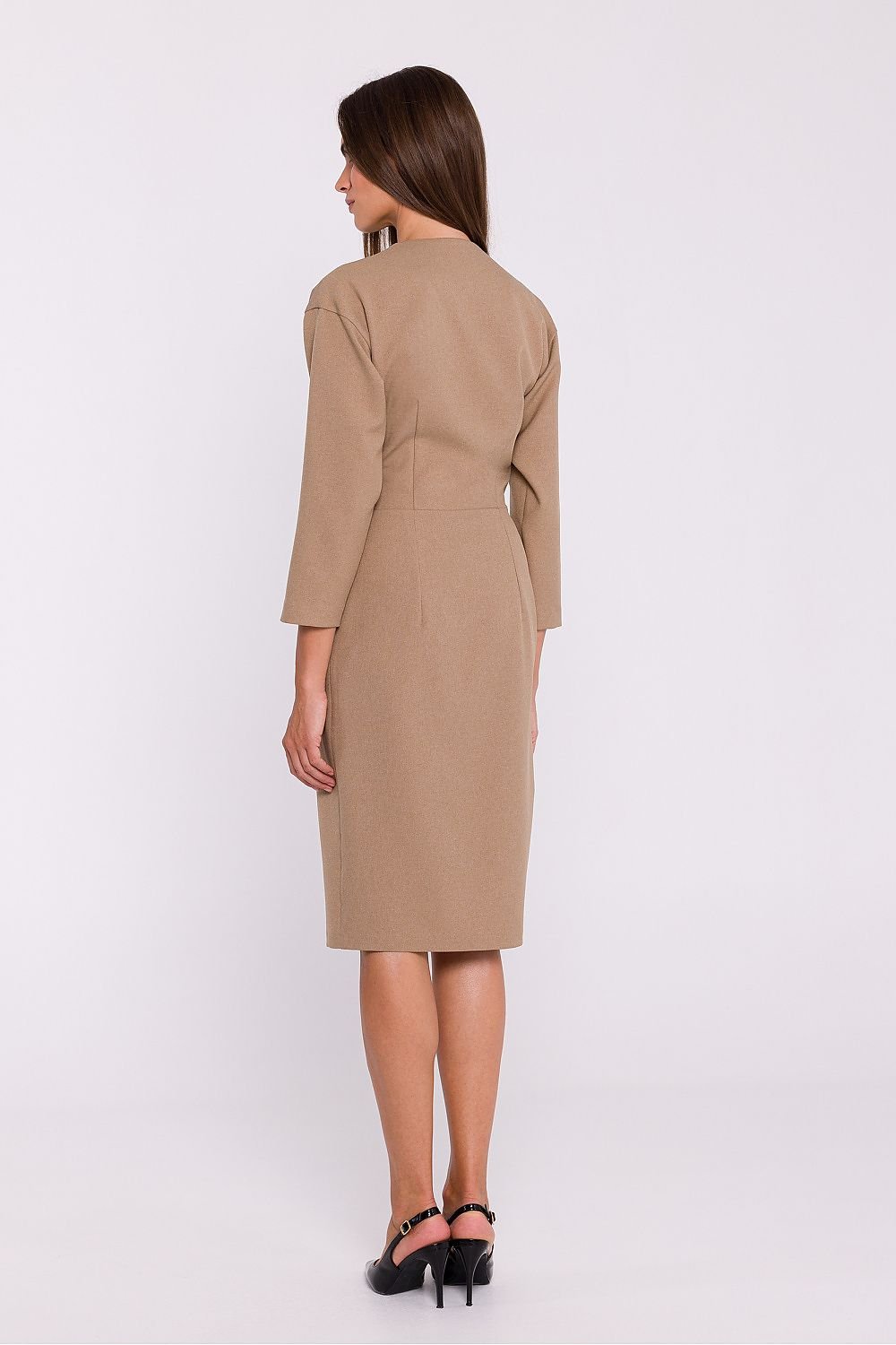 Pencil Cut Dress with Envelope Neckline and Decorative Waist Buttons