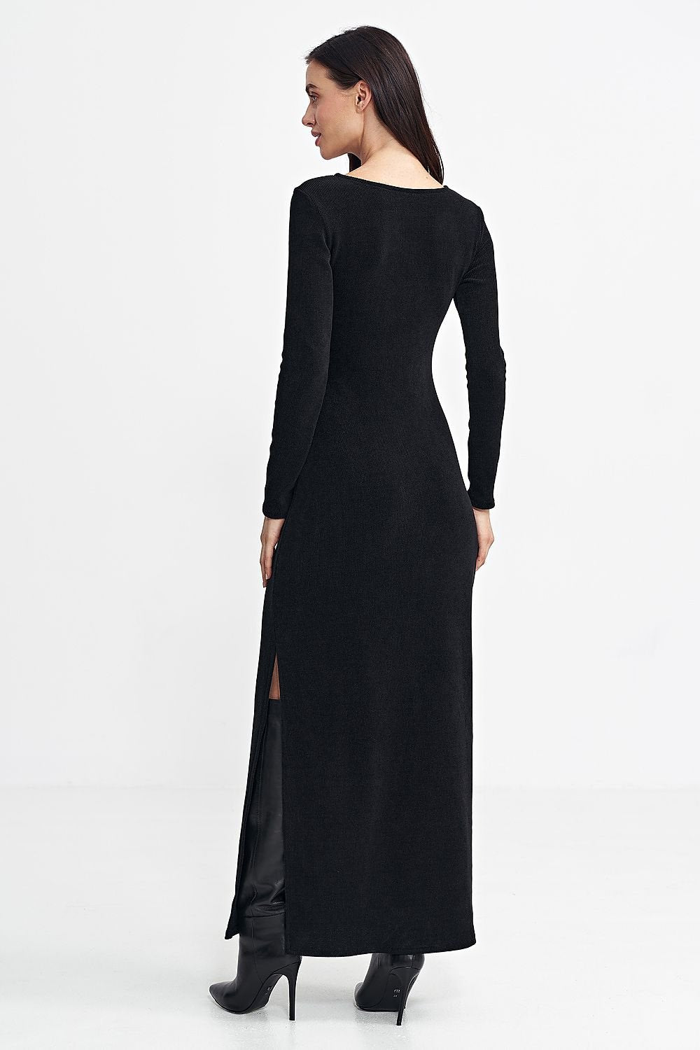 Fitted Ribbed Knit Fit-and-Flare Dress with Teardrop Neckline and Side Slit