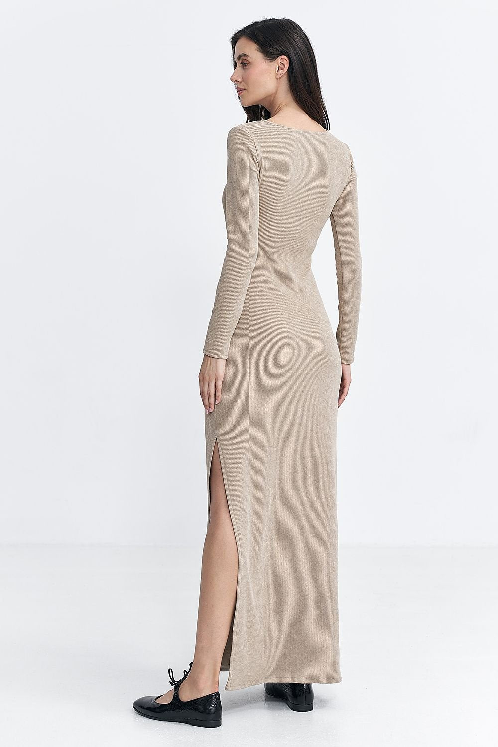 Fitted Ribbed Knit Fit-and-Flare Dress with Teardrop Neckline and Side Slit