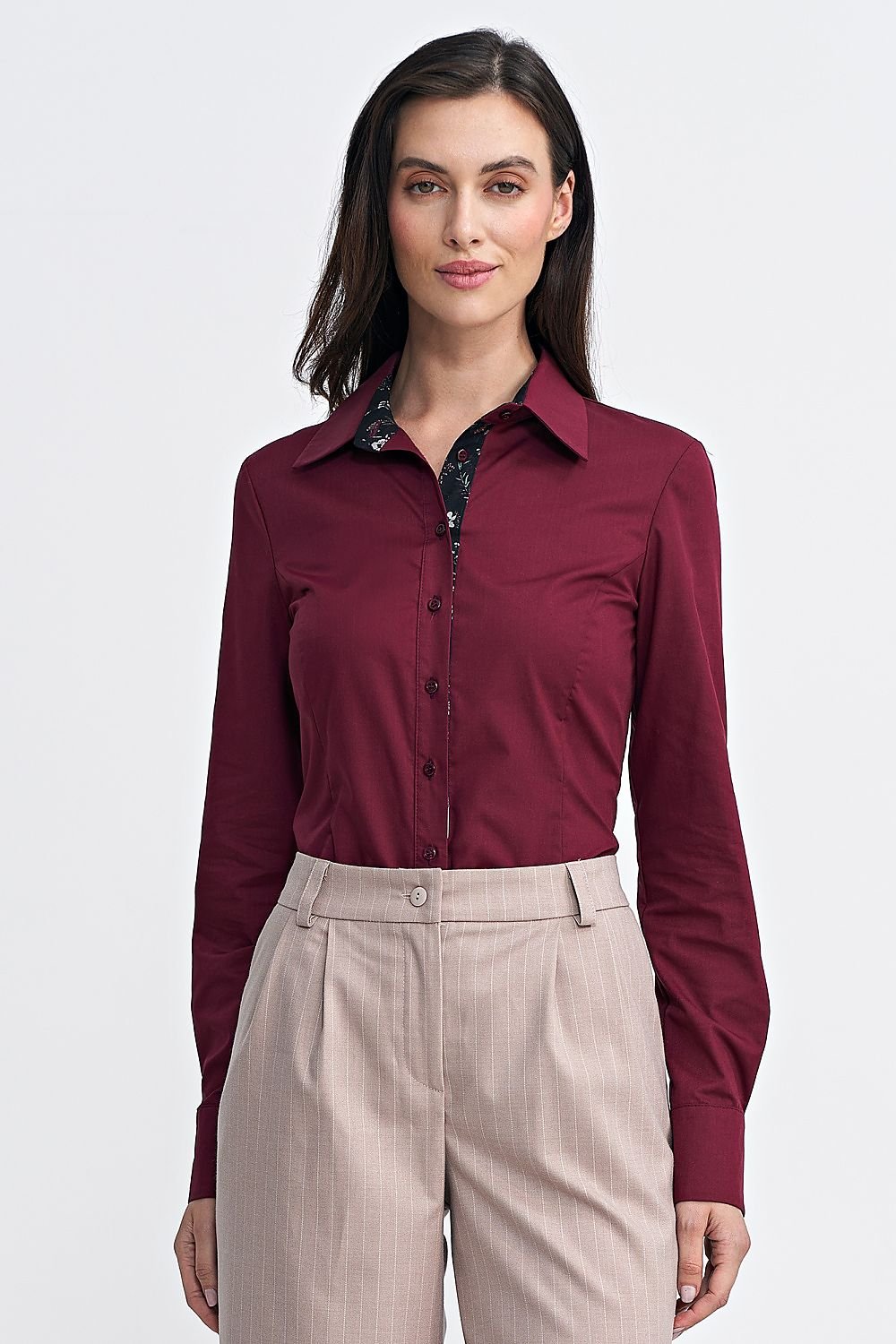 Women's Slim-Fit Shirt with Classic Collar, Floral Inserts, and Long Sleeves