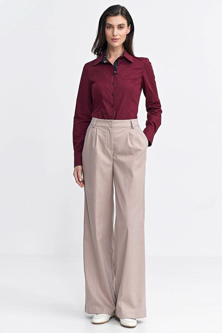 Women's Slim-Fit Shirt with Classic Collar, Floral Inserts, and Long Sleeves - Ludowika 