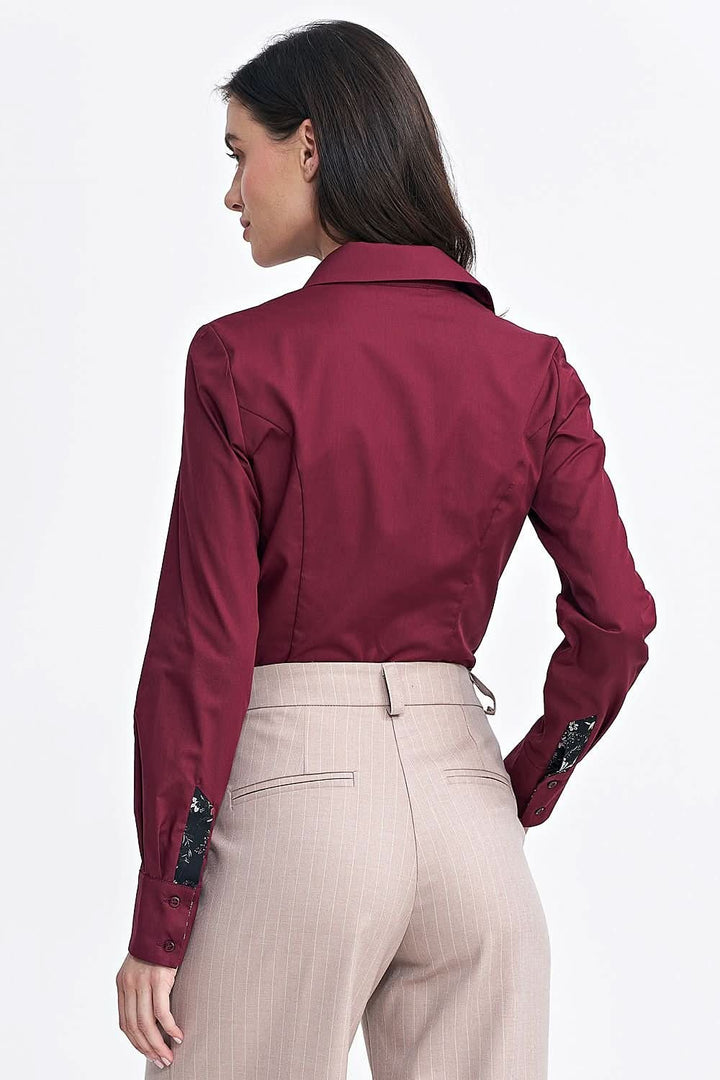 Women's Slim-Fit Shirt with Classic Collar, Floral Inserts, and Long Sleeves - Ludowika 