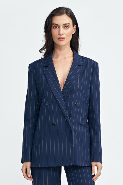 Women’s Oversized Blazer with Classic Collar, Double-Breasted Button Closure, and Shoulder Pads