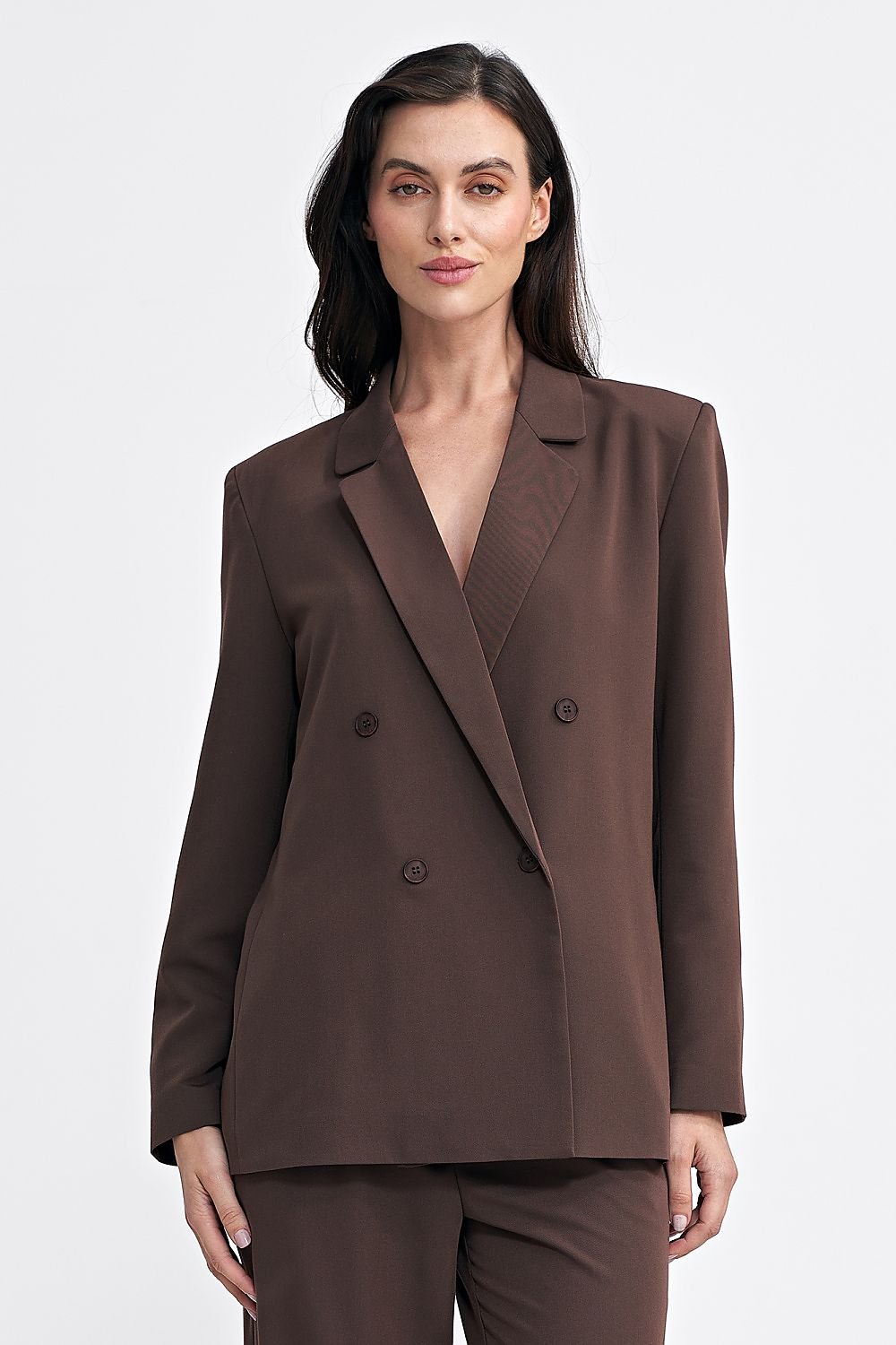 Women’s Oversized Blazer with Classic Collar, Double-Breasted Button Closure, and Shoulder Pads