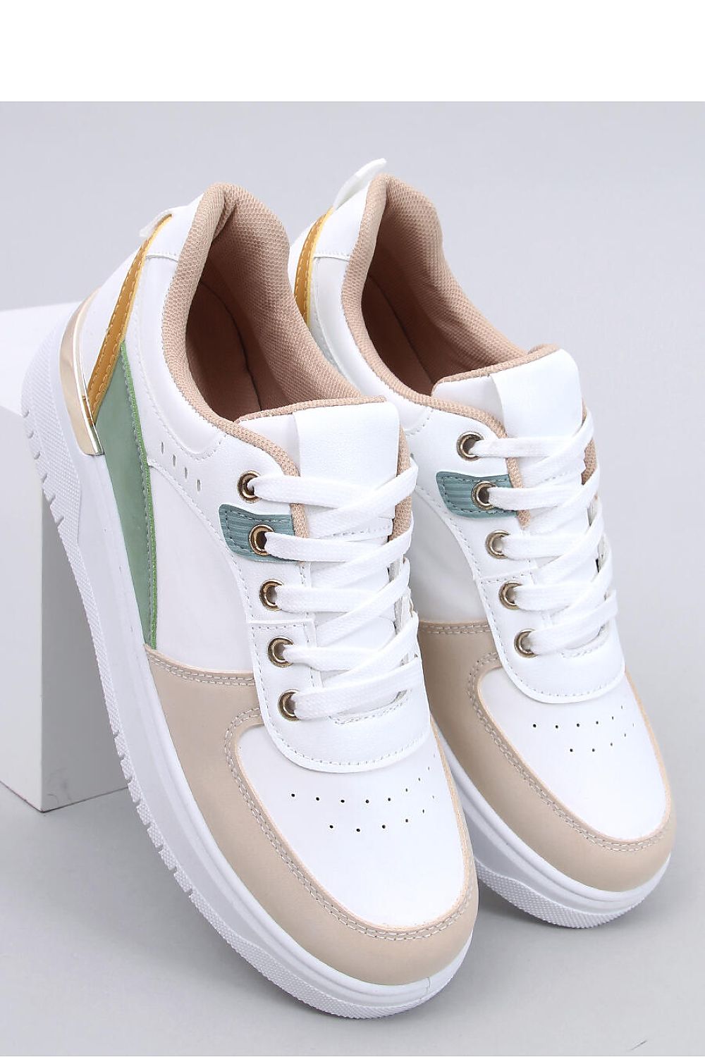 Women's High-Sole Sneakers with 3-Color Design and Gold Insert