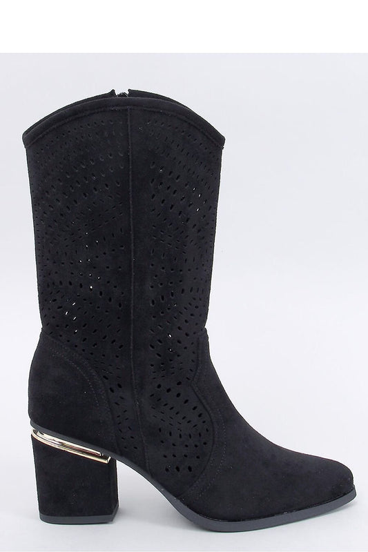 Elegant Heeled Boots with Openwork Pattern, Gold Detail, and Side Zipper