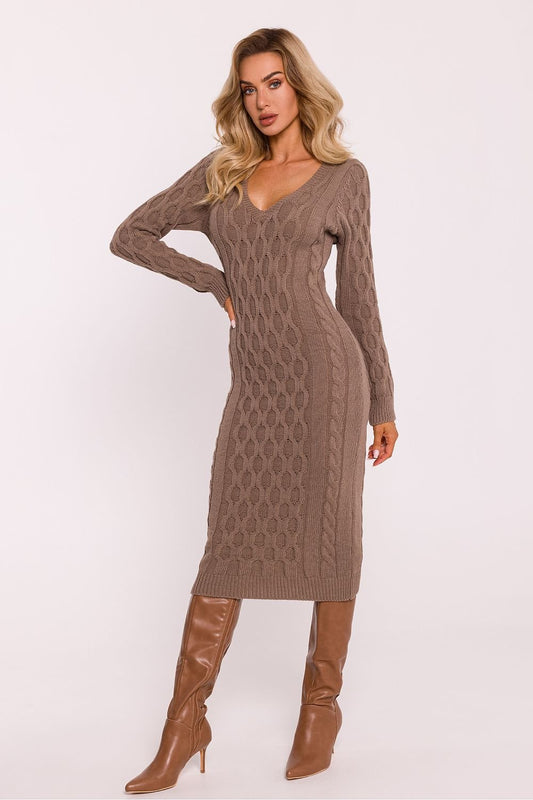 Variegated Knit Sweater Dress with V-Neck and Long Sleeves