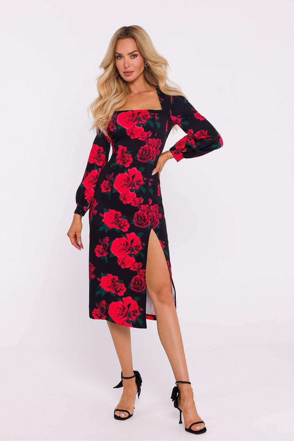 Crimson Neckline Midi Dress with Fitted Cut and Romantic Sleeves