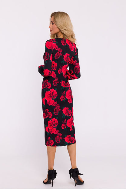 Crimson Neckline Midi Dress with Fitted Cut and Romantic Sleeves