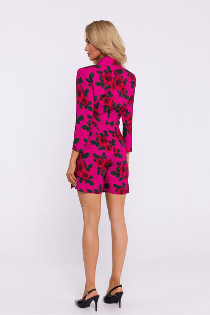 Printed Short Jumpsuit with Jacket Collar and Side Tie