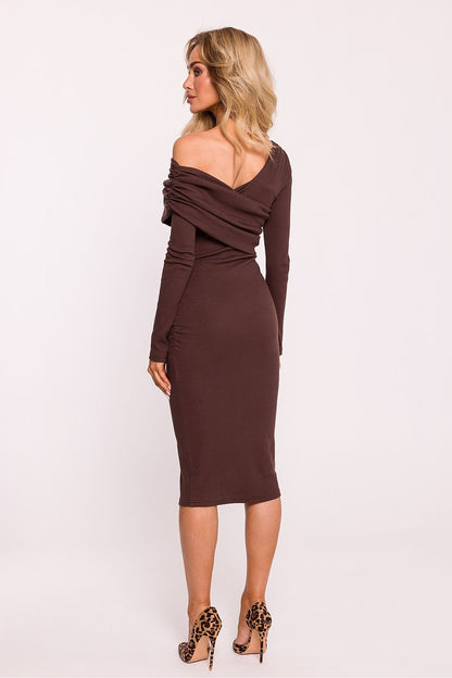 Ribbed Knit Midi Dress with Asymmetrical Neckline and Side Crease