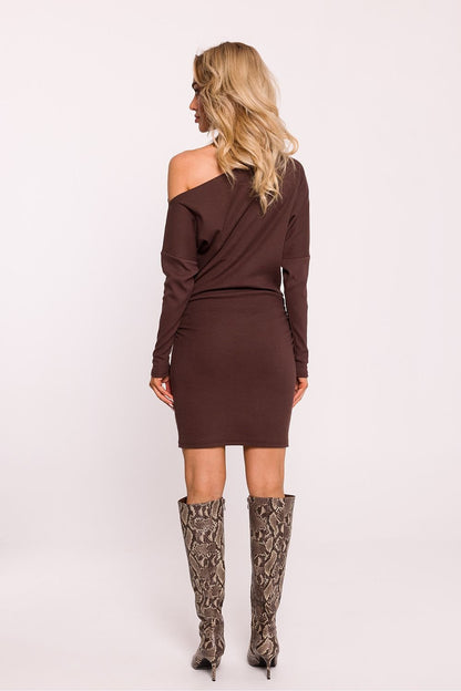 Ribbed Cotton Knit Mini Dress with Asymmetrical Shoulder and Side Crease