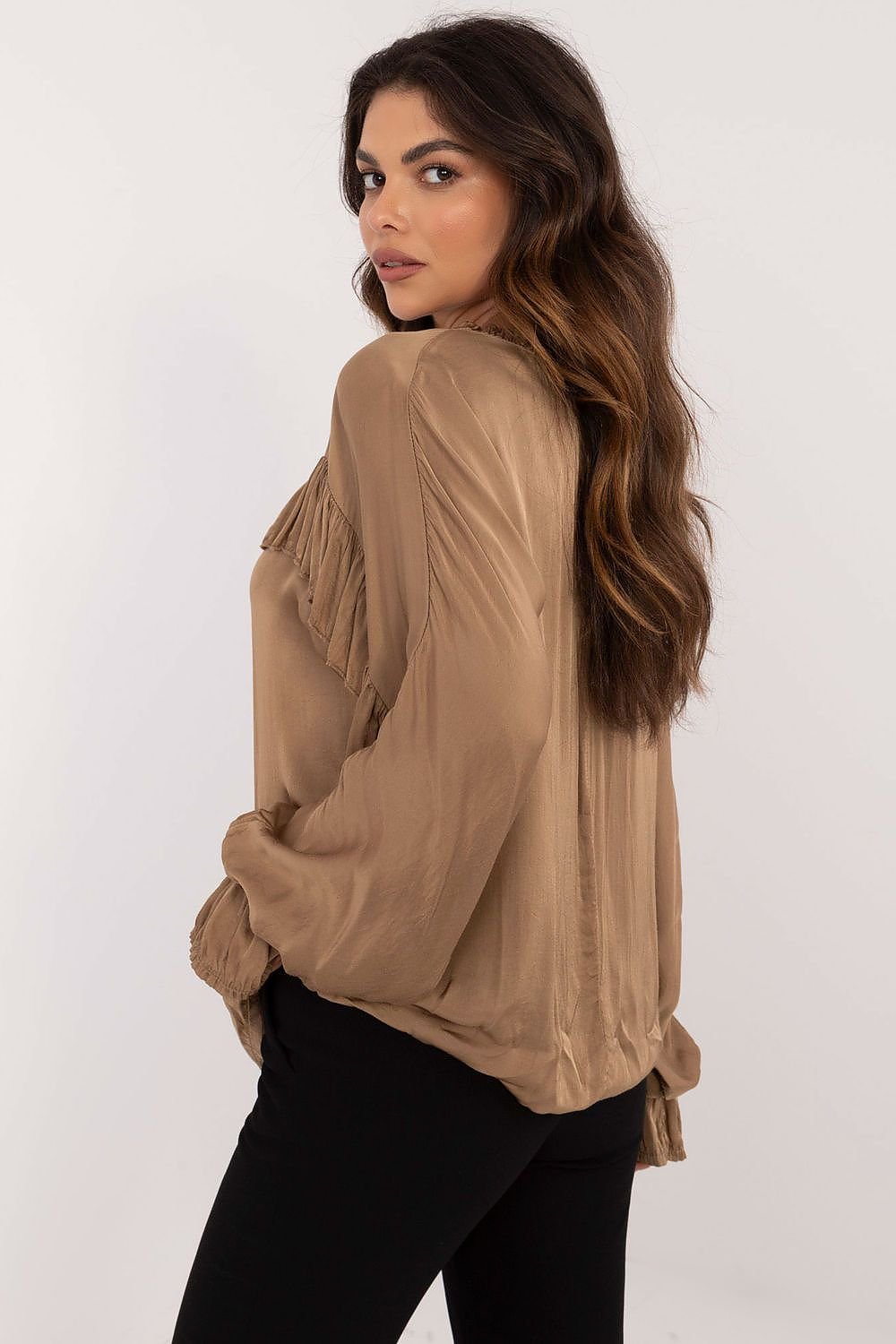 Classic Shirt with Ruffled Sleeves, Sensual Neckline, and Binding