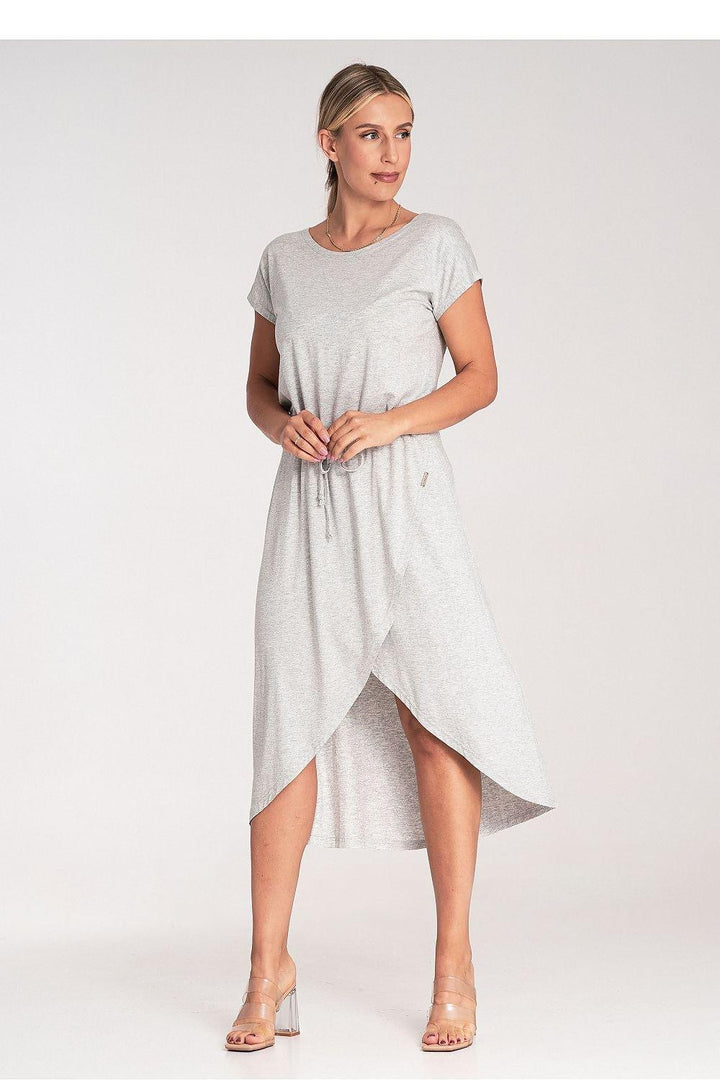 Asymmetrical Short-Sleeve Dress with Waist Tie - Ludowika 