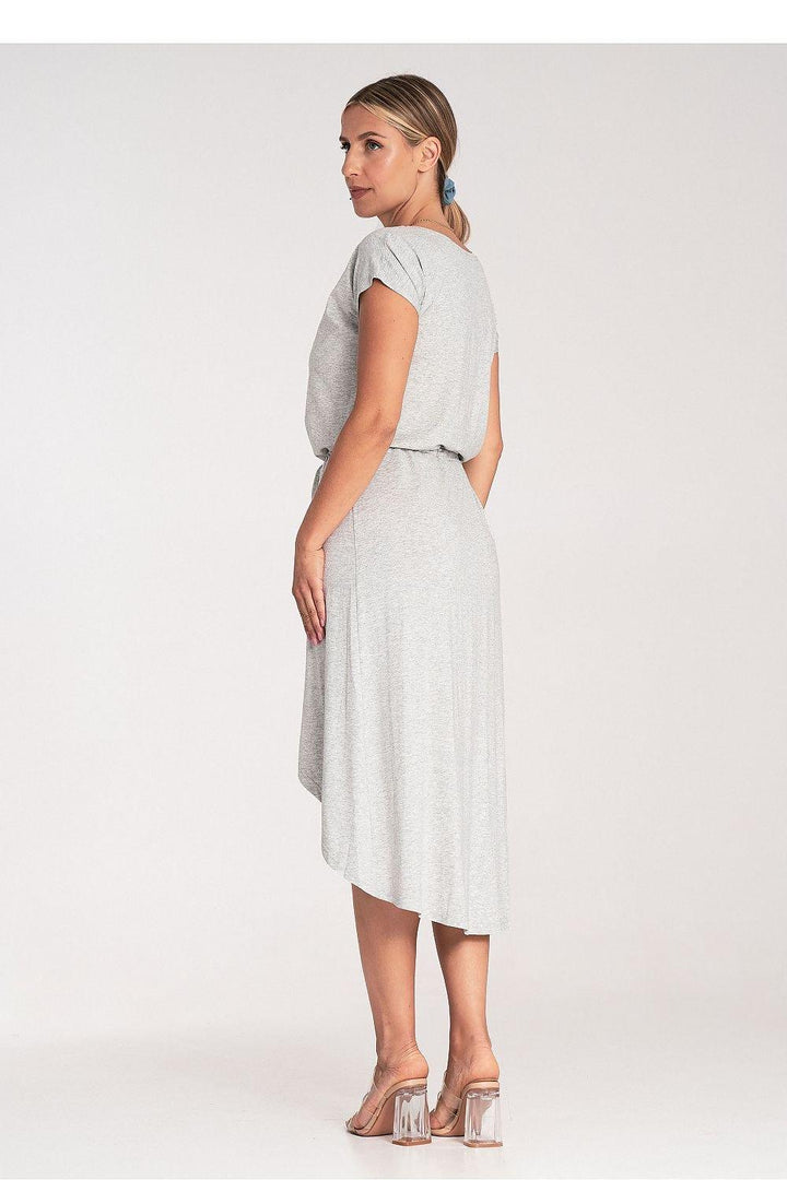 Asymmetrical Short-Sleeve Dress with Waist Tie - Ludowika 