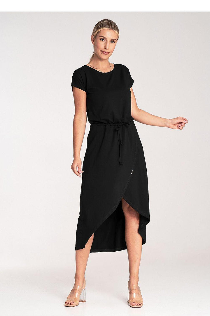 Asymmetrical Short-Sleeve Dress with Waist Tie - Ludowika 