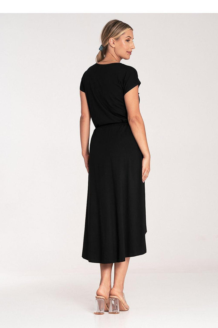 Asymmetrical Short-Sleeve Dress with Waist Tie - Ludowika 