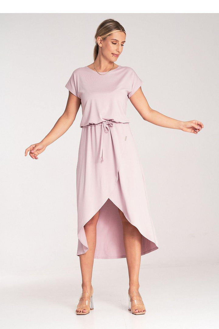 Asymmetrical Short-Sleeve Dress with Waist Tie - Ludowika 