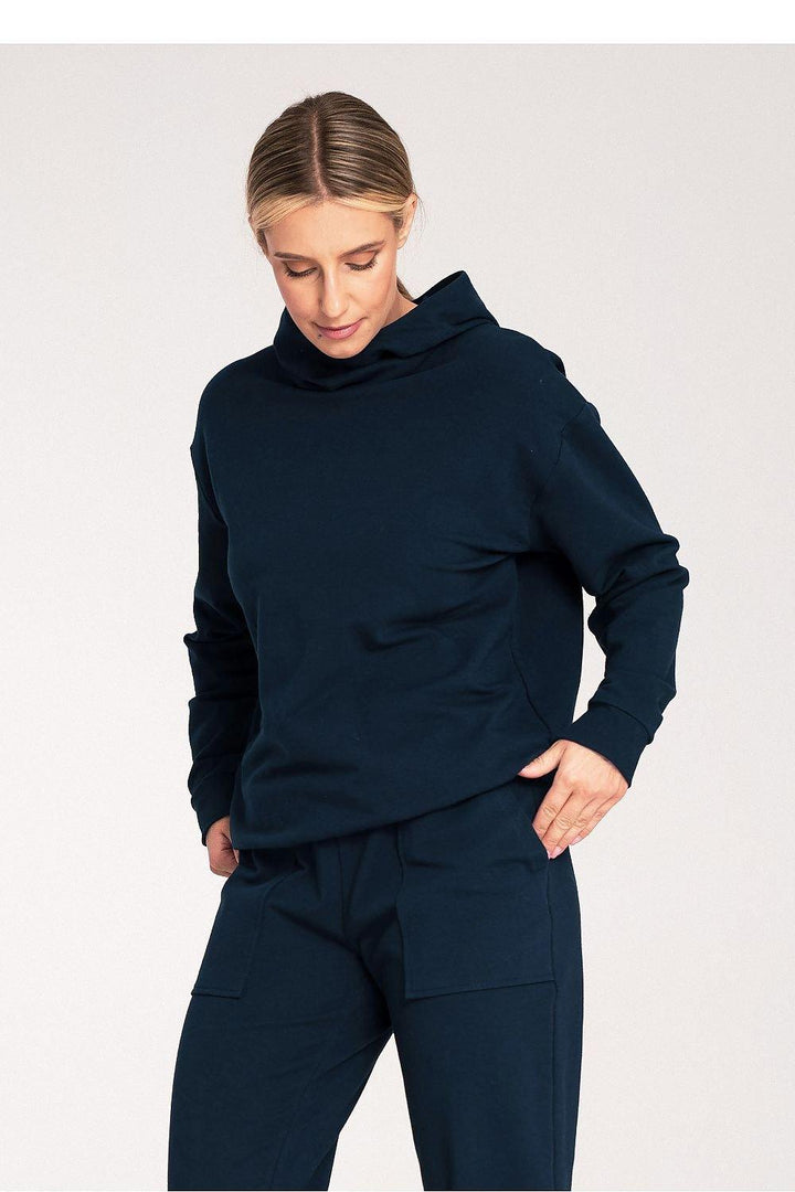 Cotton Hoodie with Loose Collar and Ribbed Cuffs - Ludowika 