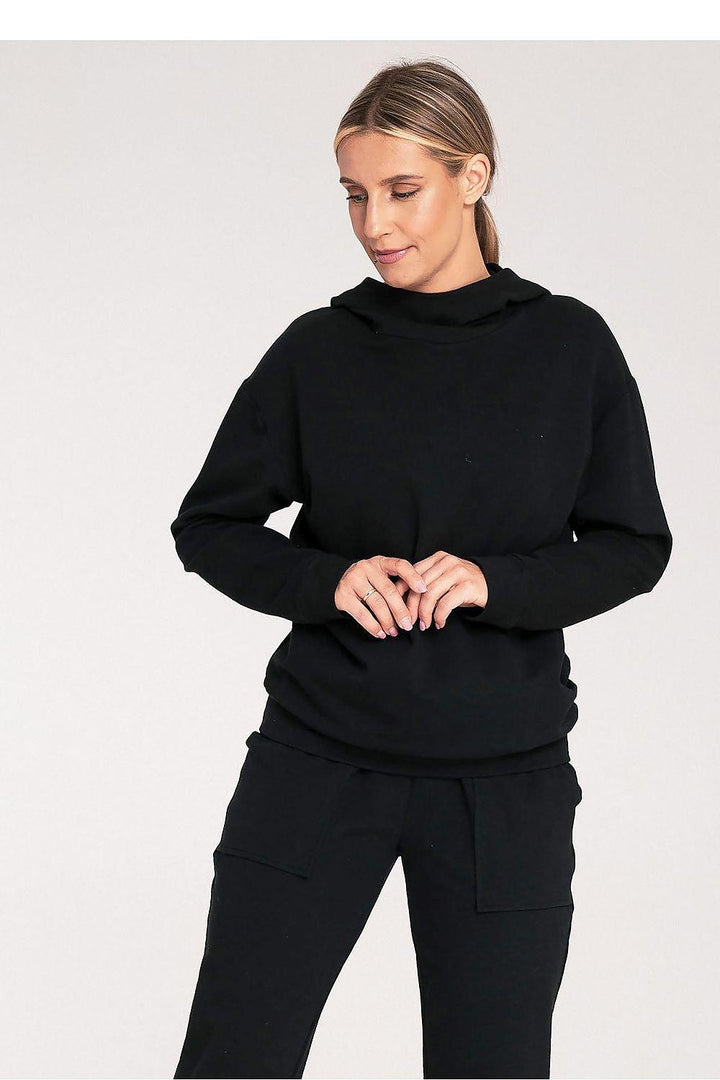 Cotton Hoodie with Loose Collar and Ribbed Cuffs - Ludowika 