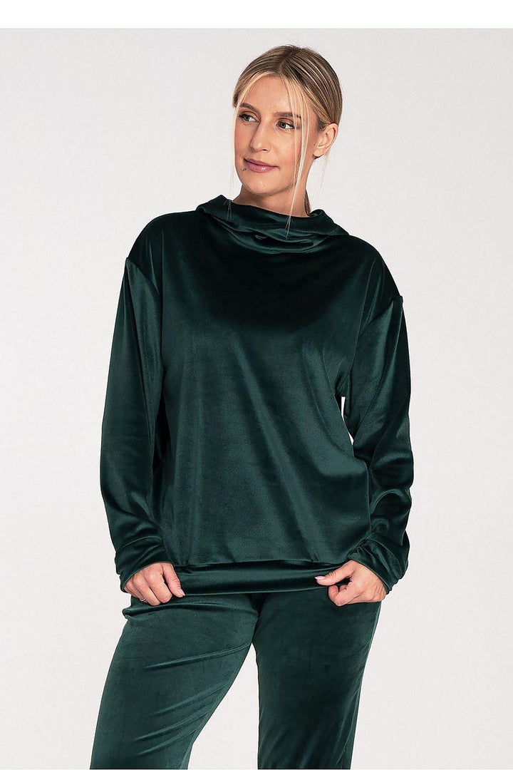 Women's Velour Hooded Sweatshirt with Loose Collar and Ribbed Hem - Ludowika 